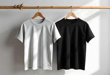 White t-shirts on hangers, blank cotton apparel for casual fashion
