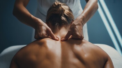 Female masseuse performing relaxing shoulder massage on young caucasian woman in spa setting