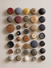 Assorted round buttons arranged in a grid pattern.