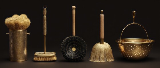Gold-toned cleaning implements displayed on a dark background.