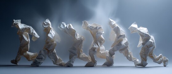 Crumpled paper figures in motion.