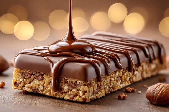 Melted chocolate pouring over cereal bar with hazelnuts