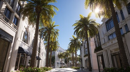 Palm trees elegance luxury shopping street sunny sky retail architecture boutique destination