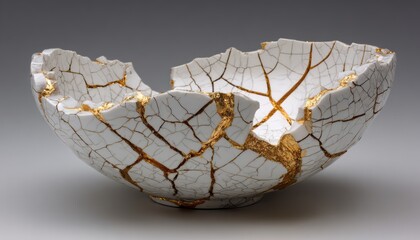 A white ceramic bowl with a crackle glaze and gold accents.
