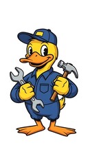 Obraz premium retro vintage cartoon cool yellow mechanic handyman duck mascot holding a wrench, wearing uniform and baseball cap, friendly smiling face, isolated white background, worker, cheerful, animal, cute 