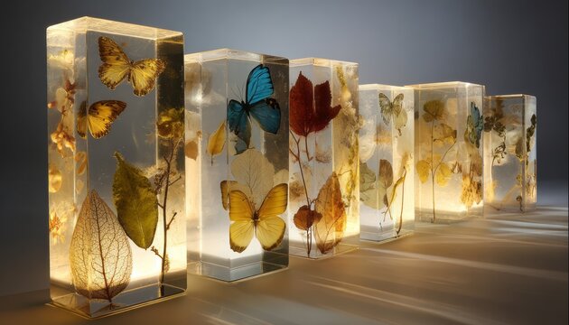 Preserved botanical specimens encased in clear acrylic blocks.