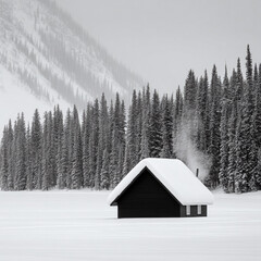 Isolated cabin in a winter wonderland. Serene black and white landscape with snowcovered dwelling, evoking peace, solitude, and escape. Ideal for travel, holiday themes.