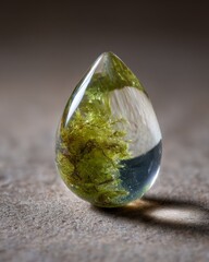 Transparent teardrop-shaped gemstone with embedded moss.