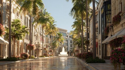 Sunny Rodeo Drive Fountain Luxury Shops Palm Trees Streetscape Beverly Hills Summer Vacation Wealthy
