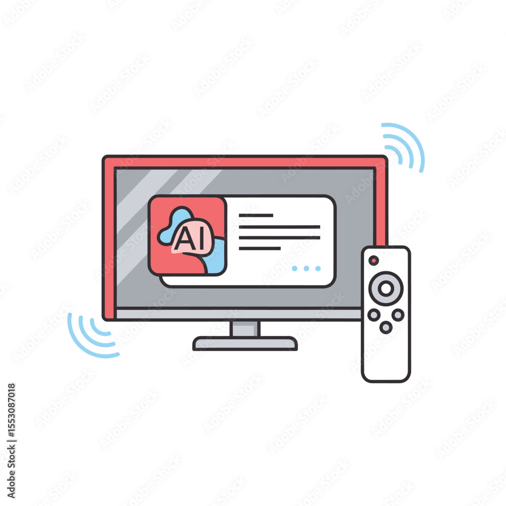 Poster smart t v displaying a i interface with red coral and light blue cloud graphic wireless remote contr