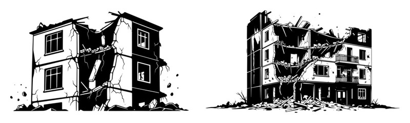 Destroyed buildings ruins postapocalyptic black and white vecto