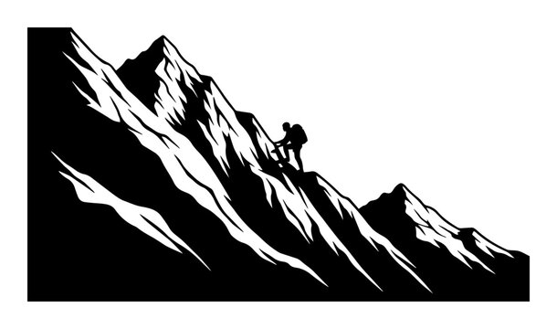 Mountain climber silhouette on steep slope black and white vector