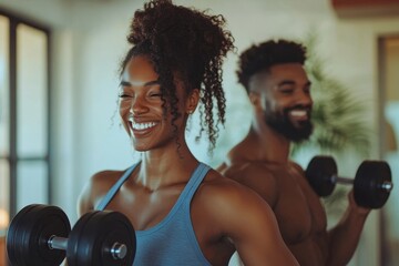 Couple doing weights workout at home, encouraging each other and staying fit together with a shared fitness routine, Generative AI