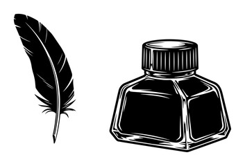 black and white vector of a quill and ink bottle, vintage writing essentials