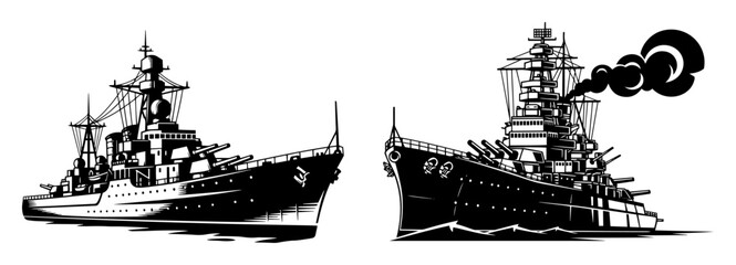 battleships at sea – vintage navy warship vector set © Luka