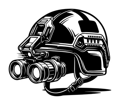 detailed black and white vector of a tactical helmet with attached night vision goggles