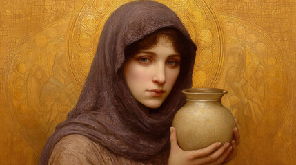 Painting of Saint Mary Magdalene Holding Alabaster Jar Symbolizing Anointing and Devotion in Christian Tradition © Dimas