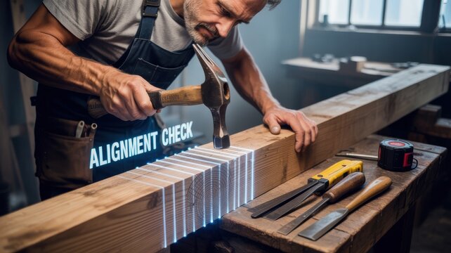 Caucasian male carpenter aligning wood with tools and luminous guide in workshop