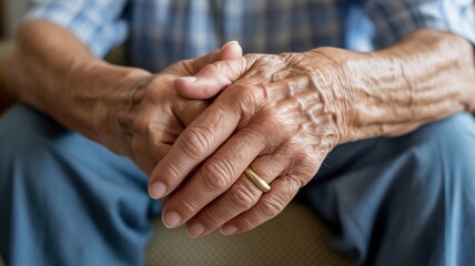 Fototapeta premium Close-up of elderly caucasian male hands with wedding ring displaying age and experience