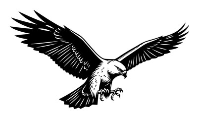 flying eagle with spread wings in attack pose, bold black and white vector in engraving style