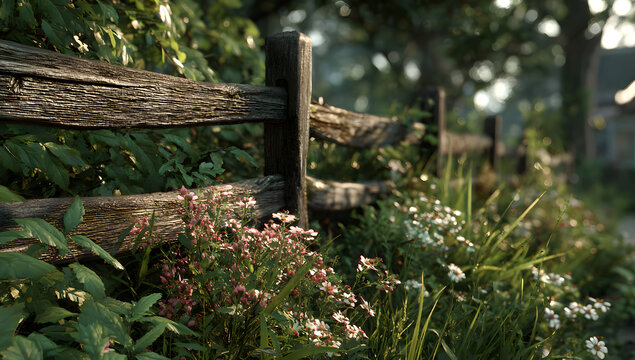 The smooth surface of a rustic wooden fence reflects sunlight, towering over the lush greenery and flowering plants around it.