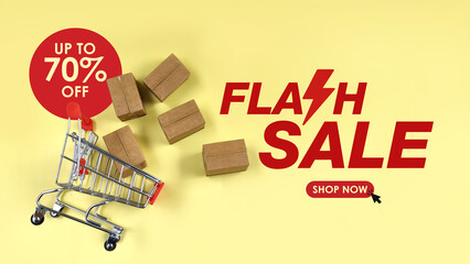 bulk parcel boxes and shopping cart with flash sale and 70% offer text. sales, offer, online...