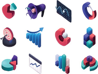 Digital Marketing Research 3D Isometric Icon Set for Data and Strategy Design









