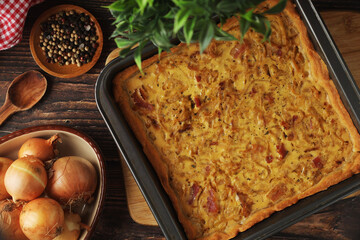 Zwiebelkuchen, a pie with onion and bacon, traditional German dish