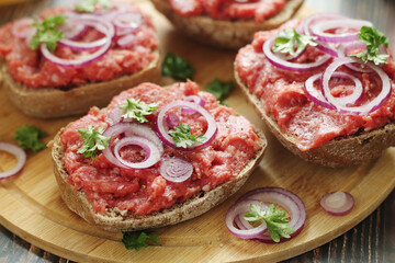 Traditional German sandwiches with minced meat Mettbroetchen	