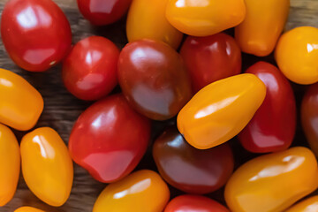 mix of cherry tomatoes red, yellow and black on a wooden background