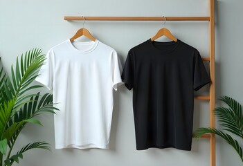 Plain white and colored t-shirts on hangers, perfect for showcasing your clothing designs and fashion templates