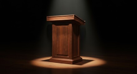 Elegant Wooden Podium Under Spotlight Public Speaking, Presentation, or Lecture Stage