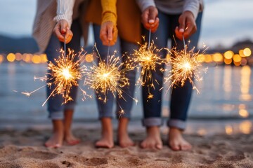 Friends holding sparklers celebrating on the beach at dusk