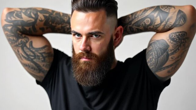 Brutal attractive bearded biker man with tattooed hands poses in black blank t-shirt from premium thin cotton, isolated on white mockup.