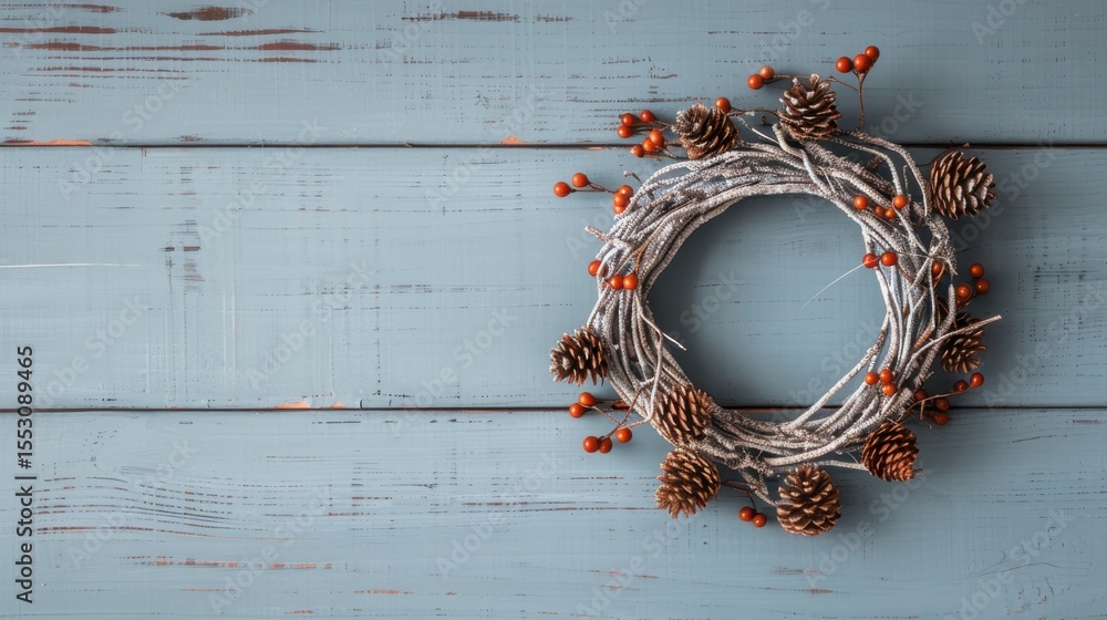 Poster a beautiful winter wreath adorned with pinecones and bright red berries, perfect for transitioning b