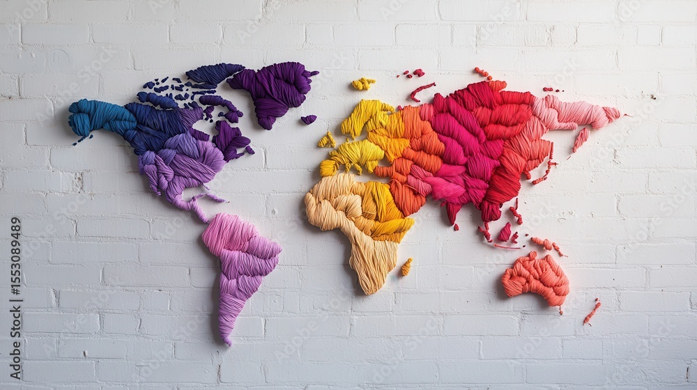 Poster an artistic representation of a world map created from colorful yarn, showcasing creativity and a un