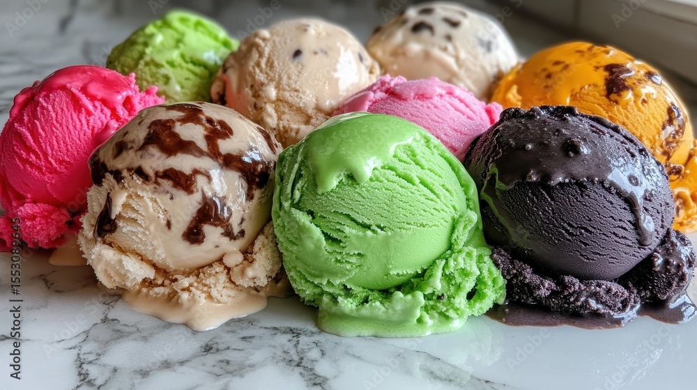 Poster an array of vibrant ice cream scoops in pleasing colors sits delightfully on a marble surface, showc