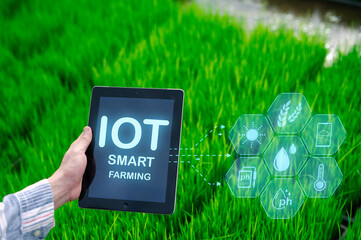 A hand holds a tablet displaying "IOT Smart Farming" in a green field, with digital icons showing agricultural data like moisture, temperature, and pH levels.