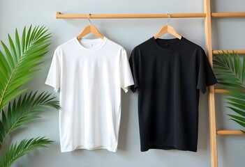 Fashion apparel, like a dress or shirt, hanging on a clothes hanger in a wardrobe or shop