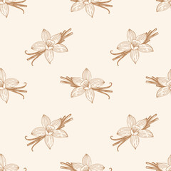 Pattern with aromatic spices Vanilla flowers and vanilla beans. Gold contour drawing on creme background.