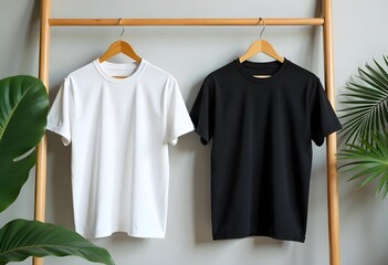 White t-shirts on hangers, perfect for showcasing blank apparel designs or casual fashion templates