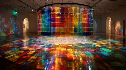 Colorful, translucent, architectural installation within a gallery space.