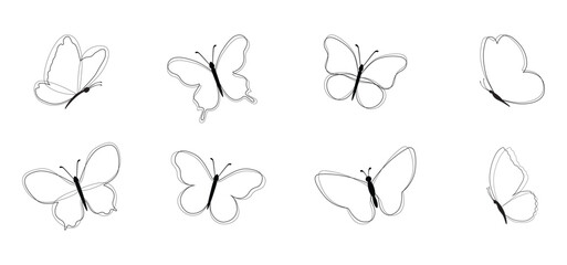 Set of black butterflies isolated on white background, collection of silhouettes. Butterfly black color, flying shape, vector design. Abstract modern monarch butterfly contours for decoration desig