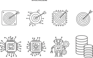 AI and Data Strategy Icon Set – Minimalist Black and White Vector Illustrations of Targeting, Microchips, Robots, and Data Storage
