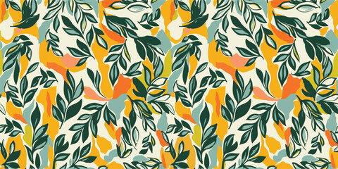 Vibrant, abstract seamless pattern with painterly leaves. A modern collage of green foliage with orange, yellow, and blue shapes. Energetic botanical design for fashion, textile, and decor