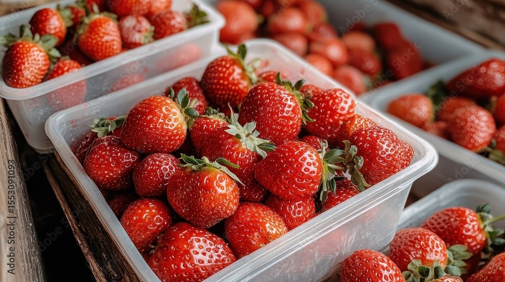 Poster the image captures an array of freshly picked strawberries nestled in clear plastic containers, high