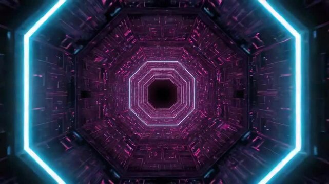 Neon-lit, octagonal tunnel with deep purple and magenta hues