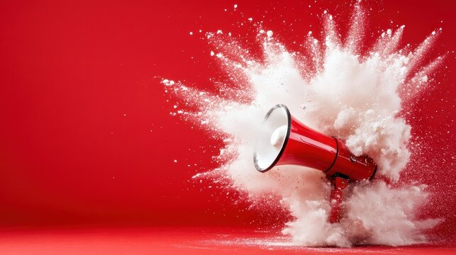 An impactful image of a megaphone bursting through a cloud of powder, symbolizing the powerful impact of communication and the urgency of expression.
