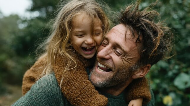 A joyful moment captured between a father and daughter outdoors, embracing the essence of love, laughter, and the special bond shared between family members.