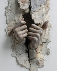 Two hands emerge from a cracked wall.